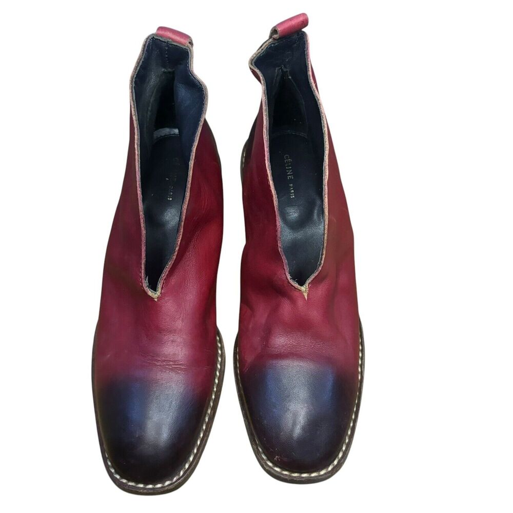 Celine Burgundy Block Heel V neck Boots 37 - Picture 2 of 11